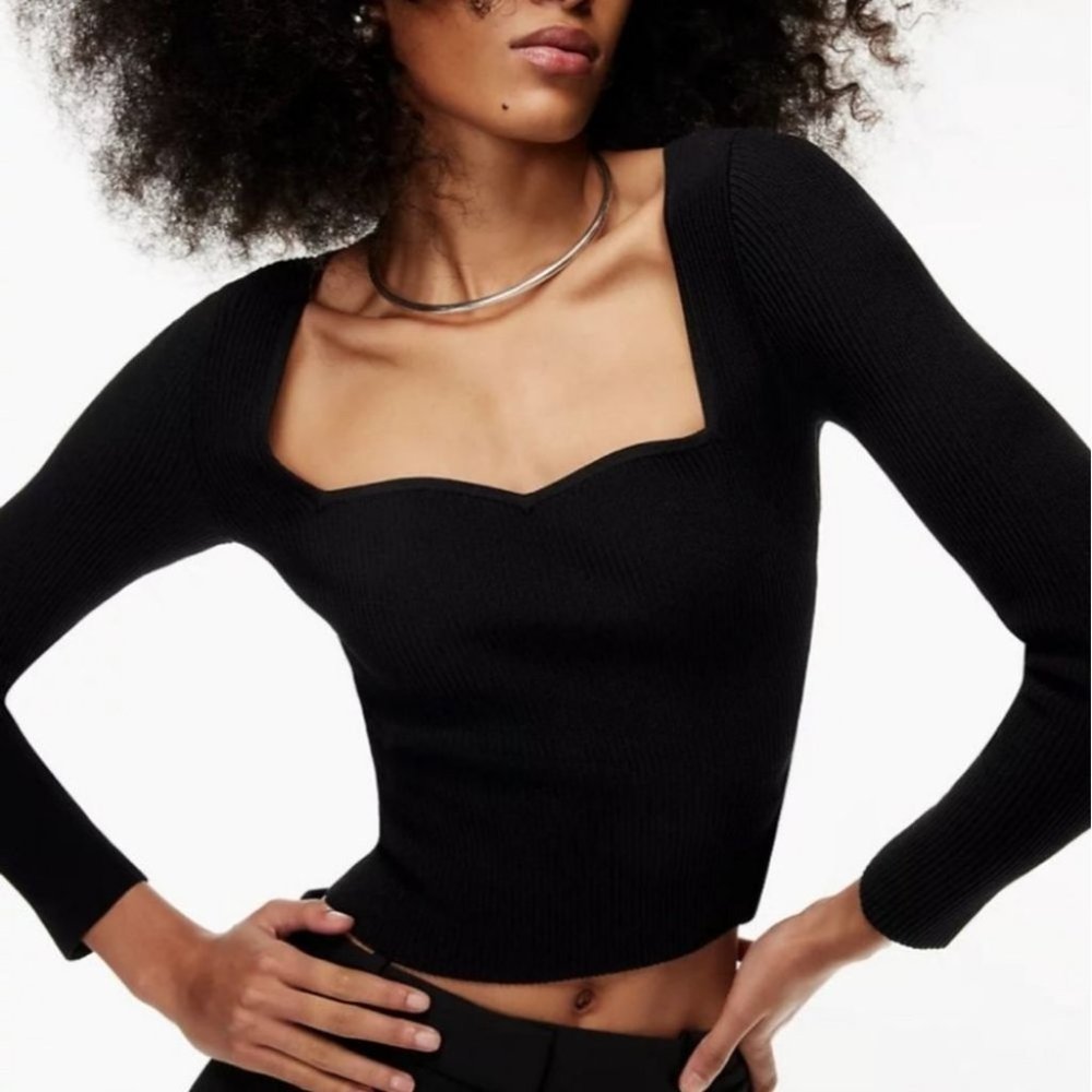 BABATON Sculpt  Knit Sweetheart Long Sleeve Top Ribbed Black Size Small Aritzia